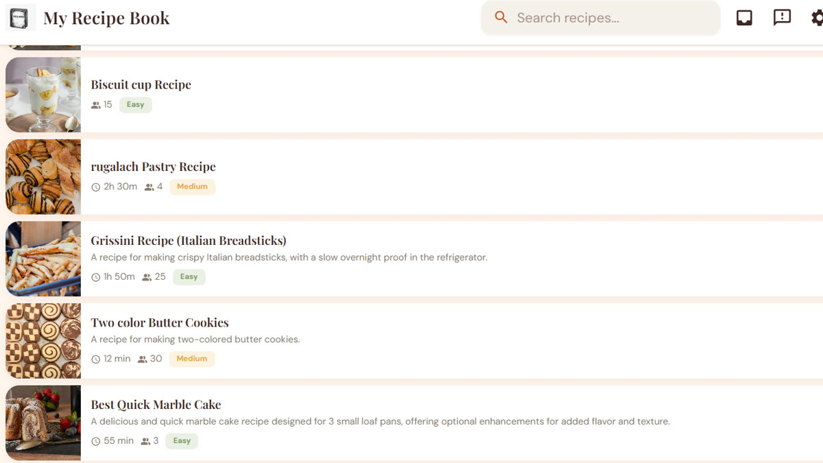 A list of saved recipes in the My Recipe Book app
