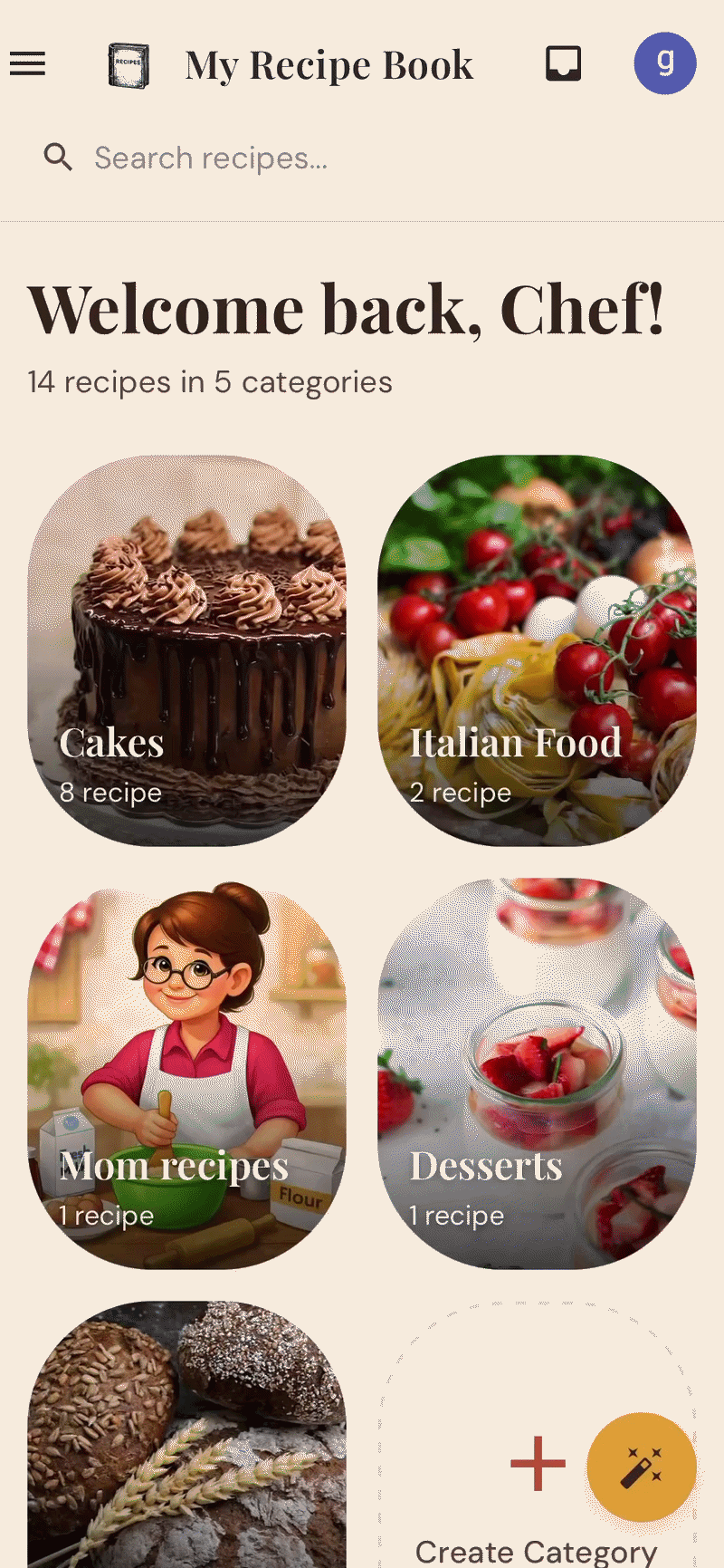 My Recipe Book app showing recipe categories including Cakes, Italian Food, and family recipes